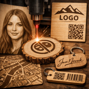Detail laserového gravírování do dřeva: v popředí pracující laser s jiskrami, kolem ukázky možností gravírování – portrét do dřeva, logo s QR kódem, podpis na přívěsku a mapa města vyrytá do dřevěné desky.