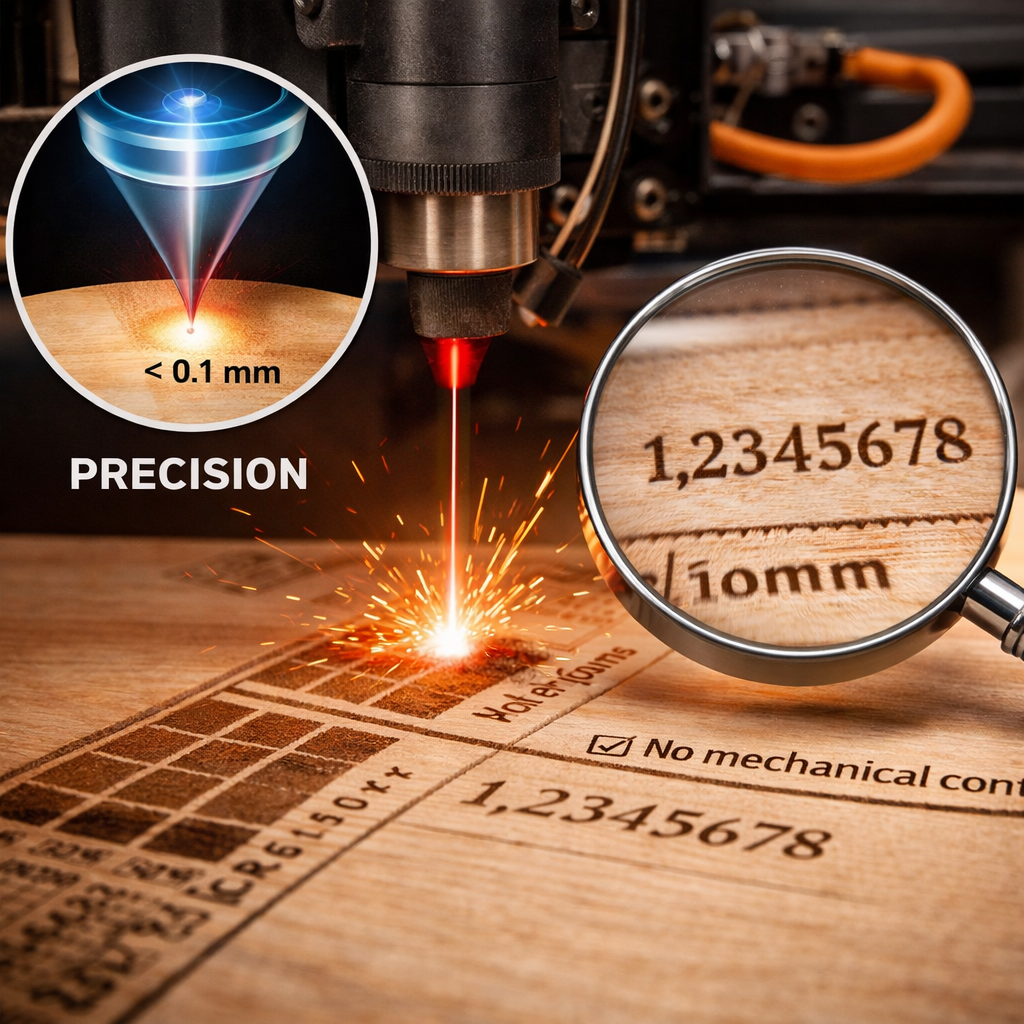 Detail práce CO₂ laseru při gravírování do dřeva – zaostřený červený paprsek vypaluje jemnou stopu do světlého dřeva, v detailu je patrná extrémní přesnost rytiny a mikroskopická šířka gravírovací linie.