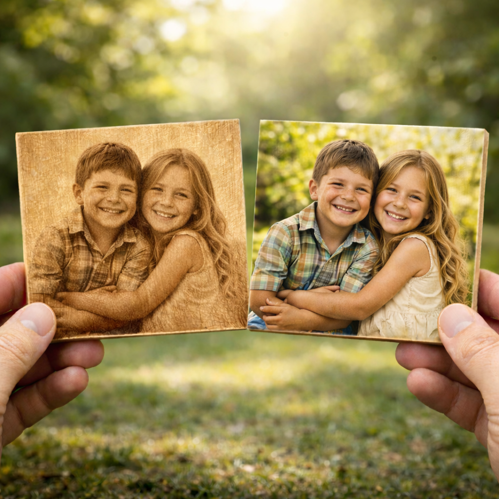 Srovnání gravírované a tištěné fotografie na dřevě s portrétem dvou dětí v přírodě