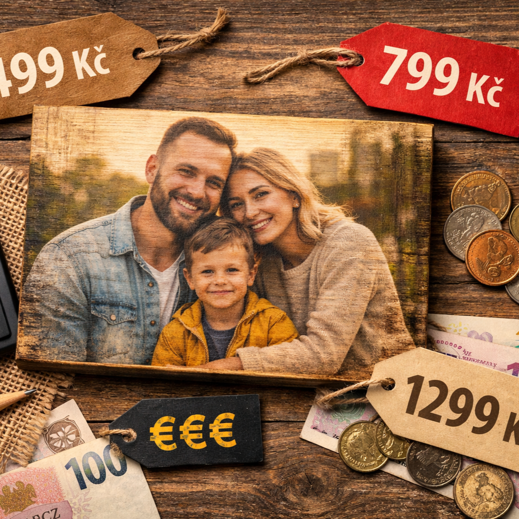 Fotografie rodiny vytištěná na dřevě položená na dřevěném stole, kolem kalkulačka, české bankovky a cenovky 499 Kč, 799 Kč a 1299 Kč znázorňující cenu fotky na dřevo