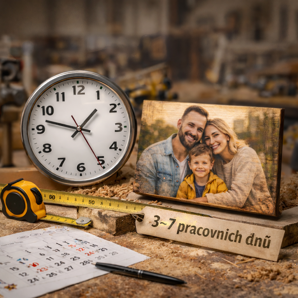 Fotografie na dřevě v dílně s hodinami a kalendářem znázorňující dobu výroby fotky na dřevo.