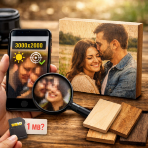 Mobilní telefon s fotografií a ukazateli kvality vedle dřevěného fotoobrazu – porovnání digitální fotky z mobilu a jejího tisku na dřevo, detail struktury dřeva a rozlišení snímku.