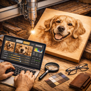 Barevná fotografie pracovního stolu s laserovým gravírováním portrétu psa do světlého dřeva. Vedle gravírovací hlavy je notebook s otevřeným grafickým programem, kde je vidět úprava kontrastu, jasu a křivek fotografie před gravírováním.