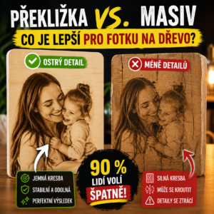 Fotka na dřevo – srovnání březové překližky a masivu: překližka s ostrými detaily vs masiv s méně viditelnými detaily u gravírované fotografie